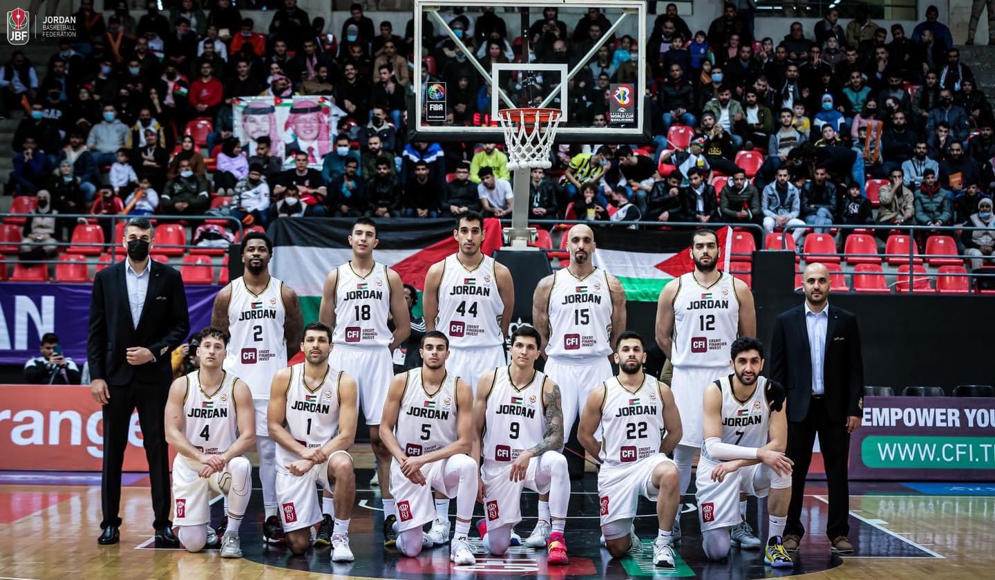  Jordan national basketball team members line up before taking on Lebanon at the Asian qualifiers for the 2023 FIBA Basketball World Cup in Amman on Thursday (Photo courtesy of Jordan Basketball Federation)
